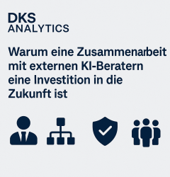 Visualisierung des KI-Beratungsprozesses: Ein Berater, ein Prozessdiagramm, ein Sicherheitsschild und ein Team-Icon symbolisieren die Kernwerte von DKS Analytics – KI-Beratung für KMU mit Expertise, Struktur, Sicherheit und praxisnaher Zusammenarbeit.