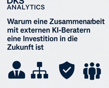 Visualisierung des KI-Beratungsprozesses: Ein Berater, ein Prozessdiagramm, ein Sicherheitsschild und ein Team-Icon symbolisieren die Kernwerte von DKS Analytics – KI-Beratung für KMU mit Expertise, Struktur, Sicherheit und praxisnaher Zusammenarbeit.