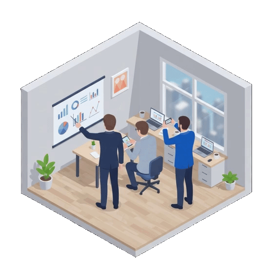 Drei Geschäftsführer im Büro, Iso Perspektive, Vogelperspektive